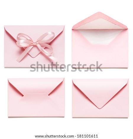 Collection of light pink envelopes with bow ribbon, isolated on white background.