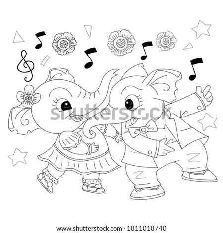 The happiness dancing of young elephant.Hand drawn stock vector for coloring books,background,greeting card,animals cartoon coloring,pattern,decoration,poster,advertising,wallpaper,preschool coloring.
