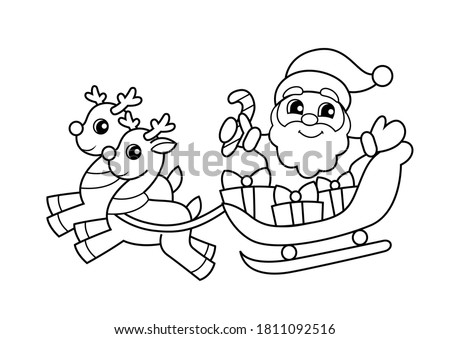 Santa Claus flying in sleigh with gifts and reindeer. Christmas and New Year illustration. Black and white vector illustration for coloring book Royalty-Free Stock Photo #1811092516