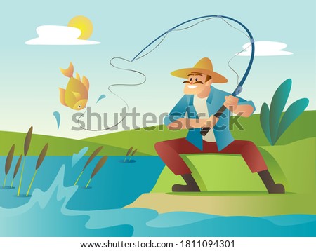 Fisherman catching fish illustration. Man fishing on the lake. Vector Flat Illustration