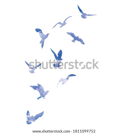 Watercolour silhouette of flying birds seagulls on white background. Inspirational for body or flesh tattoo ink of sea birds. Vector. Royalty-Free Stock Photo #1811099752