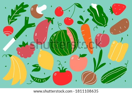 Vegetarian food doodle set. Hand drawn patterns fruits and berries vegetables vegan nutrition or meal menu watermelon mango banana and strawberry. Tropical juice products illustration.