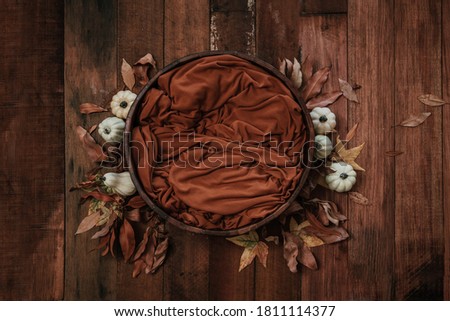 Newborn autumn background - wooden bowl with fall leaves and cream pumpkins on dark wooden planks backdrop.