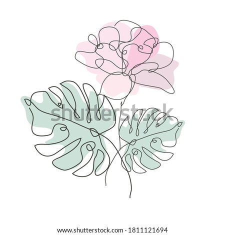 Decorative hand drawn tulip and monstera, design elements. Can be used for cards, invitations, banners, posters, print design. Continuous line art style
