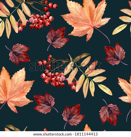 Watercolor hand painted seamless pattern with autumn leaves, rowan branches on dark background. Perfect for fall or thanksgiving design. Digital Paper for wrapping, textile, scrapbook or background.