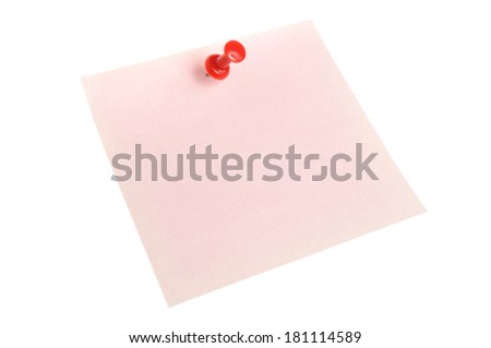 One pink paper sheet attached with red office button isolated on white background