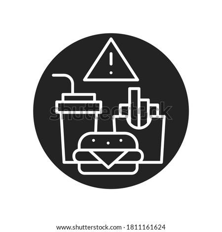 Caution junk food black glyph icon. Cause diseases gastric tract. Sign for web page, mobile app, button, logo. Vector isolated element.