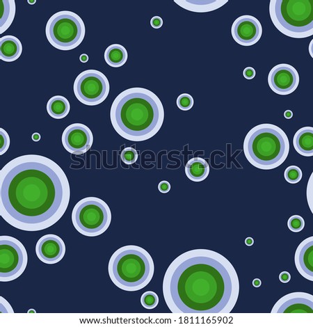 overlapping gray, blue, green circles of different sizes, grouped and randomly arranged on a dark blue background. geometric seamless pattern. vector