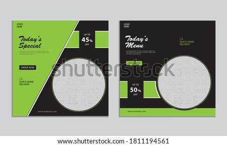Today special food square social media ads banner template. Green and black food ads banner