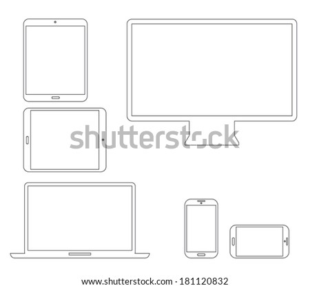 Set of outline electronic devices. Laptop, tablet, smartphone and computer vector illustrations.