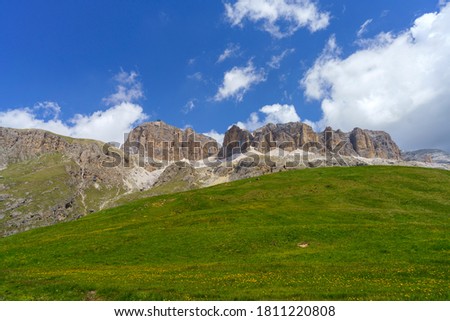 Mountain landscape at summer along the road to Pordoi pass, Dolomites, Trentino Alto Adige, Italy