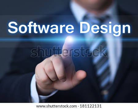 business, technology, internet and networking concept - businessman pressing Software Design button on virtual screens