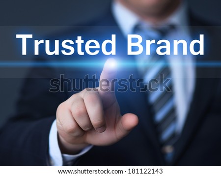 business, technology, internet and networking concept - businessman pressing trusted brand button on virtual screens