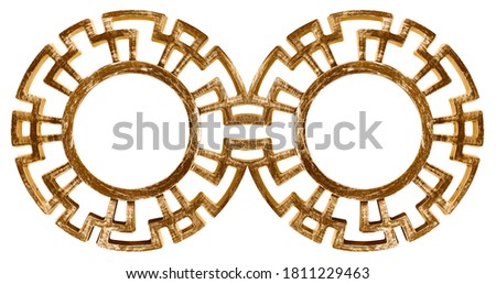 Double golden round frame (diptych) for paintings, mirrors or photos isolated on white background. Design element with clipping path