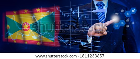 Businessman touching data analytics process system with KPI financial charts, dashboard of stock and marketing on virtual interface. With Grenada flag in background.