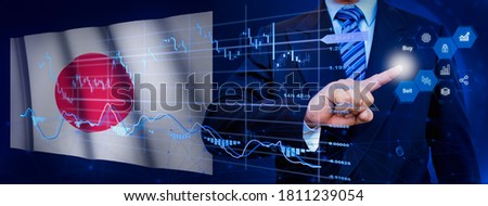 Businessman touching data analytics process system with KPI financial charts, dashboard of stock and marketing on virtual interface. With Japan flag in background.