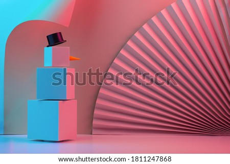 The polygonal snowman of cubes is illuminated with neon light, against the background of the fan and corners of the paper. Trend Concept 2020, 2021