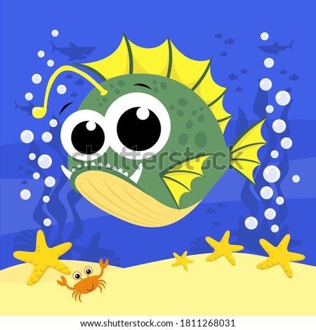 cute baby anglerfish cartoon illustration with bubbles and under the sea background. Design for baby and child