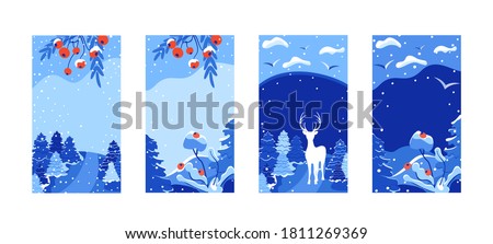 Vertical Merry Christmas greeting card set. Trendy Winter Holidays templates for social media posts. Christmas cards design for banners, posters, mobile apps. Vector landscape background in flat style