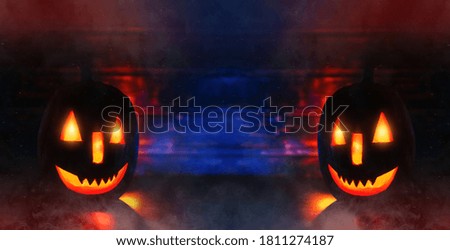 Halloween Pumpkins on neon wood with smoke. Halloween background with  copy space.