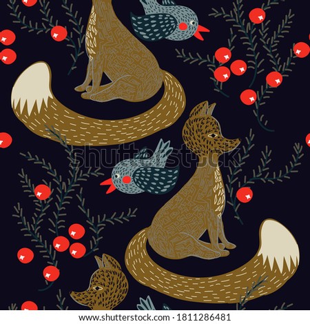 Seamless pattern in scandinavian style with fox, bird and berries, tree, leaves, branches. Folk art. Nordic background with floral ornaments and animal illustrations. Vector for Home decorations.