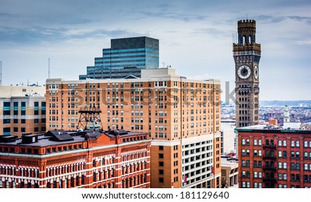 View of the Bromo-Seltzer Tower from a parking garage in Baltimore, Maryland.