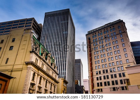 Cluster of highrises in downtown Baltimore, Maryland.