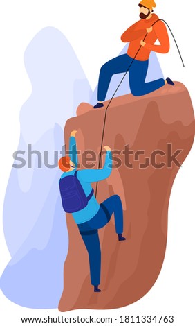 Green tourism, active outdoor lifestyle, climb mountain peak, summer travel, cartoon style vector illustration, isolated on white. People climbing steep slope, adventure hiking, man helping friend.