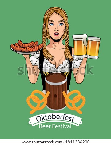 woman cartoon with traditional cloth beer glasses and sausages design, Oktoberfest germany festival and celebration theme Vector illustration