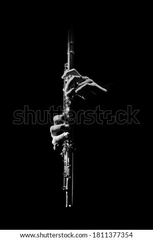 Flute instrument. Flutist hands playing flute music. Classical orchestra instruments isolated Royalty-Free Stock Photo #1811377354