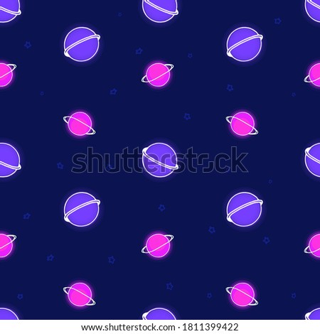 seamless pattern with thin white outline planet icon and star isolated on blue background. hand drawn vector. modern scribble for kids, fabric, cover, wallpaper, backdrop, wrapping paper and gift. 