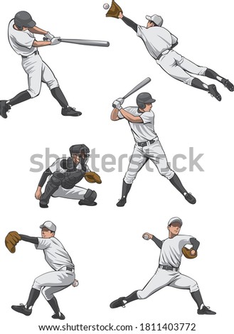 Baseball player image illustration set (batter, pitcher, catcher, defense)