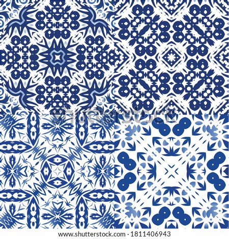 Traditional ornate portuguese azulejos. Collection of vector seamless patterns. Original design. Blue abstract backgrounds for web backdrop, print, pillows, surface texture, wallpaper, towels.