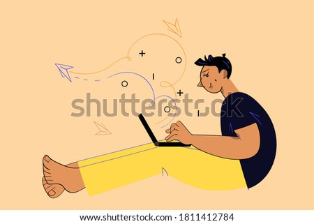 Young man at the computer. Work and communication concept clip art. Vector. Flat style.