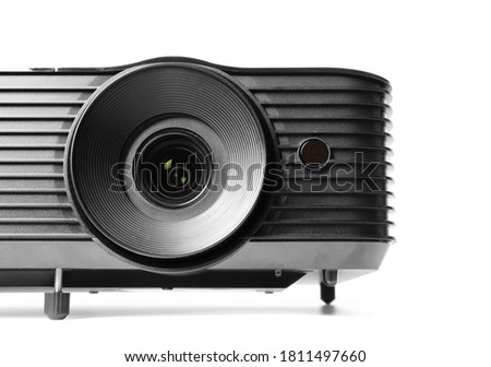 Modern video projector on white background, closeup