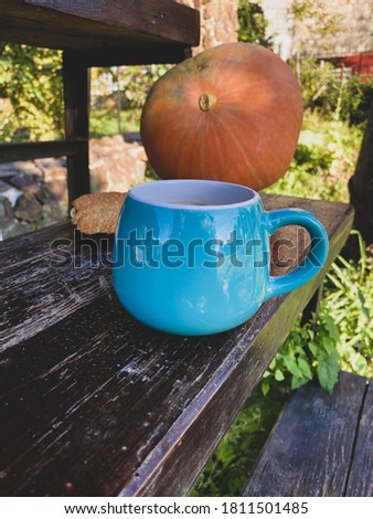 Blue cup of coffee and pumpkin 