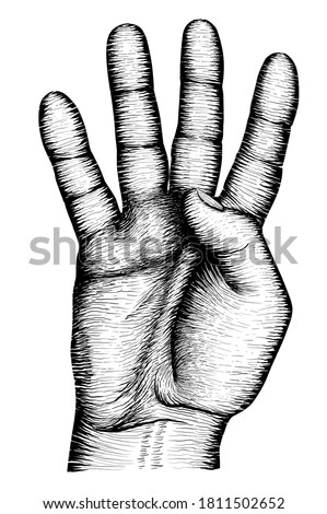 Palm with four fingers extended. Black and white drawing.
