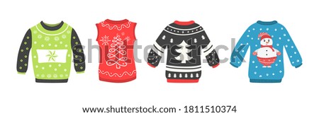 Ugly Christmas sweaters seamless vector border. Cute set of Christmas sweater isolated on a white background. Knitted winter jumpers with winter ornaments and decorations. Holiday design.