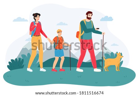 Family outdoor journey. Happy hiking family, active adventure tourism, active tourists, travel trekking family with kid vector background illustration. Parent, boy and dog walking near mountains