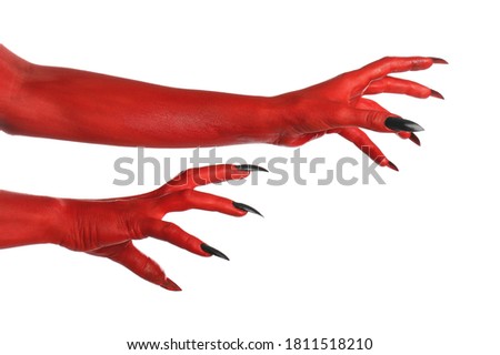 Scary monster on white background, closeup of hands. Halloween character
