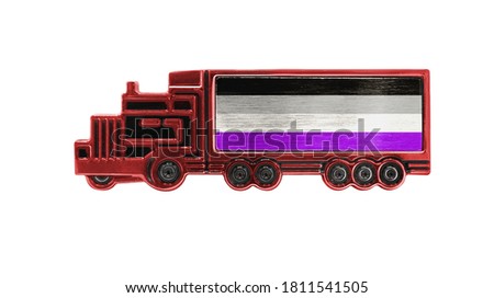 Toy truck with asexual flag shown isolated on white background. The concept of cargo transportation between countries.