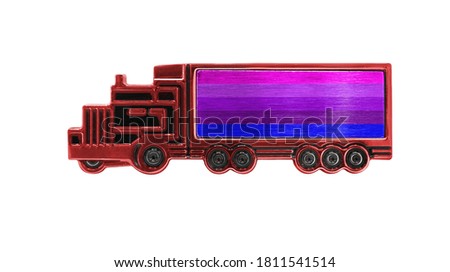 Toy truck with Alternative Transgender pride flag shown isolated on white background. The concept of cargo transportation between countries.