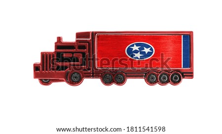 Toy truck with State of Tennessee flag shown isolated on white background. The concept of cargo transportation between countries.