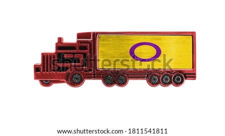 Toy truck with intersex pride flag shown isolated on white background. The concept of cargo transportation between countries.