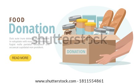 Food and grocery donation concept. Charity, food donation for needy and poor people. Vector web banner. Royalty-Free Stock Photo #1811554861