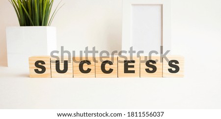 Wooden cubes with letters on a white table. White background with photo frame and house plant.