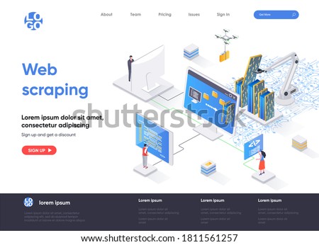 Web scraping isometric landing page. Process of automatic collecting and parsing raw data from web isometry concept. Data extraction software flat design. Vector illustration with people characters. Royalty-Free Stock Photo #1811561257