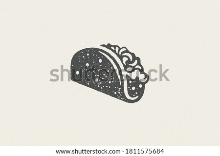 Mexican taco silhouette for street fast food design hand drawn stamp effect vector illustration. Vintage grunge texture symbol for packaging and fast food restaurant menu design or label decoration Royalty-Free Stock Photo #1811575684