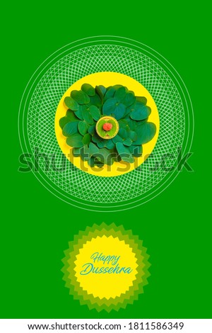 Happy Dussehra greeting card , green leaf and Rice,Indian festival Dussehra Royalty-Free Stock Photo #1811586349