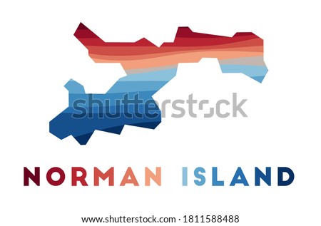 Norman Island map. Map of the island with beautiful geometric waves in red blue colors. Vivid Norman shape. Vector illustration.
